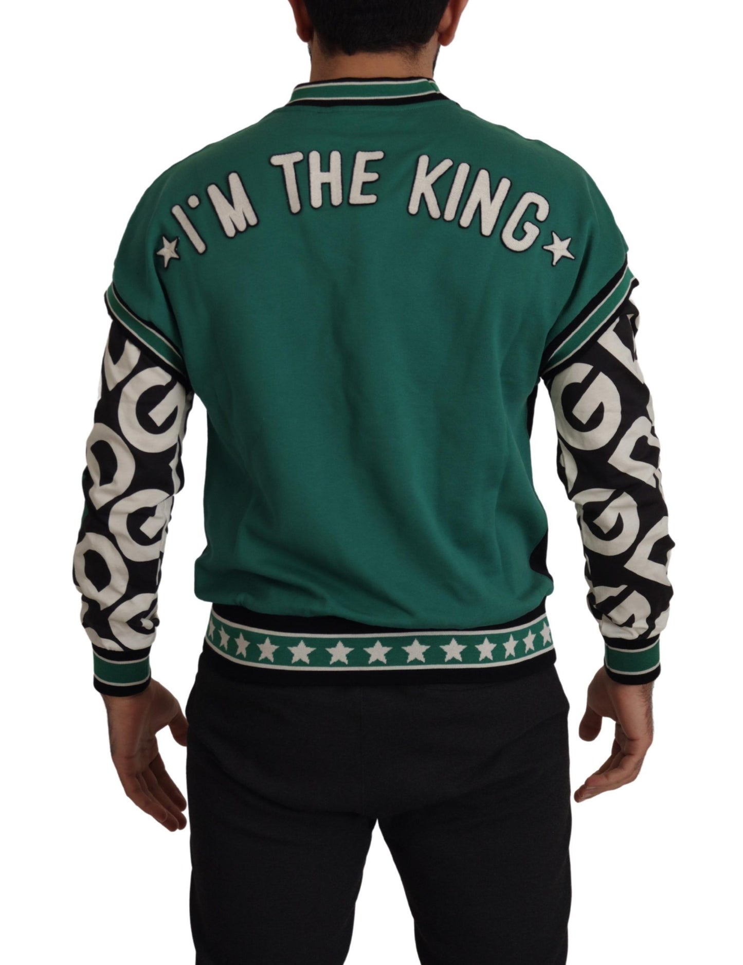 Dolce &amp; Gabbana Black Green Cotton KING Star Crewneck Pullover Sweater