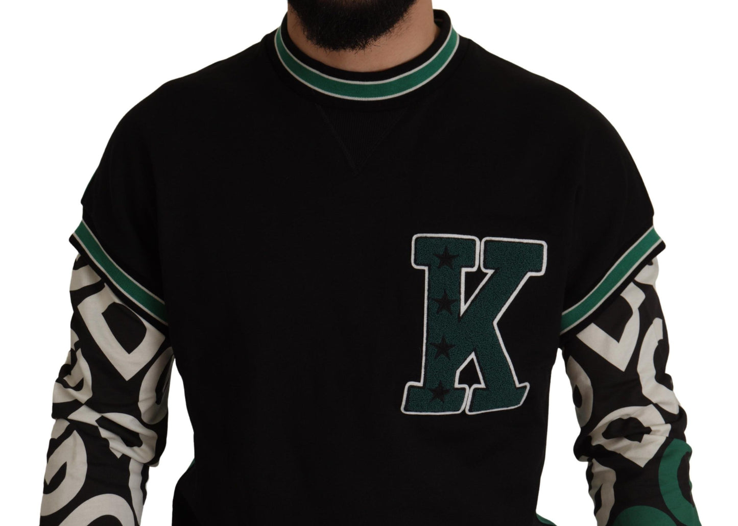 Dolce &amp; Gabbana Black Green Cotton KING Star Crewneck Pullover Sweater
