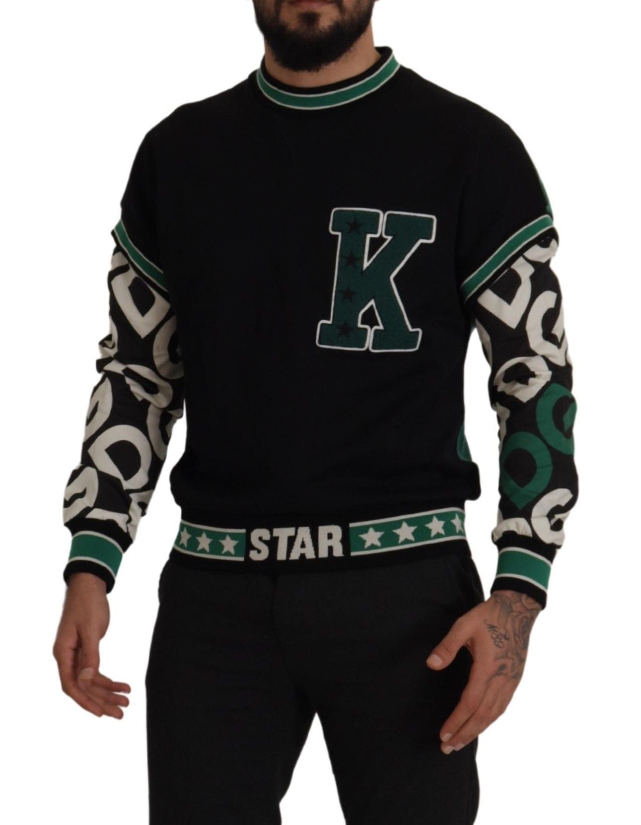 Dolce &amp; Gabbana Black Green Cotton KING Star Crewneck Pullover Sweater