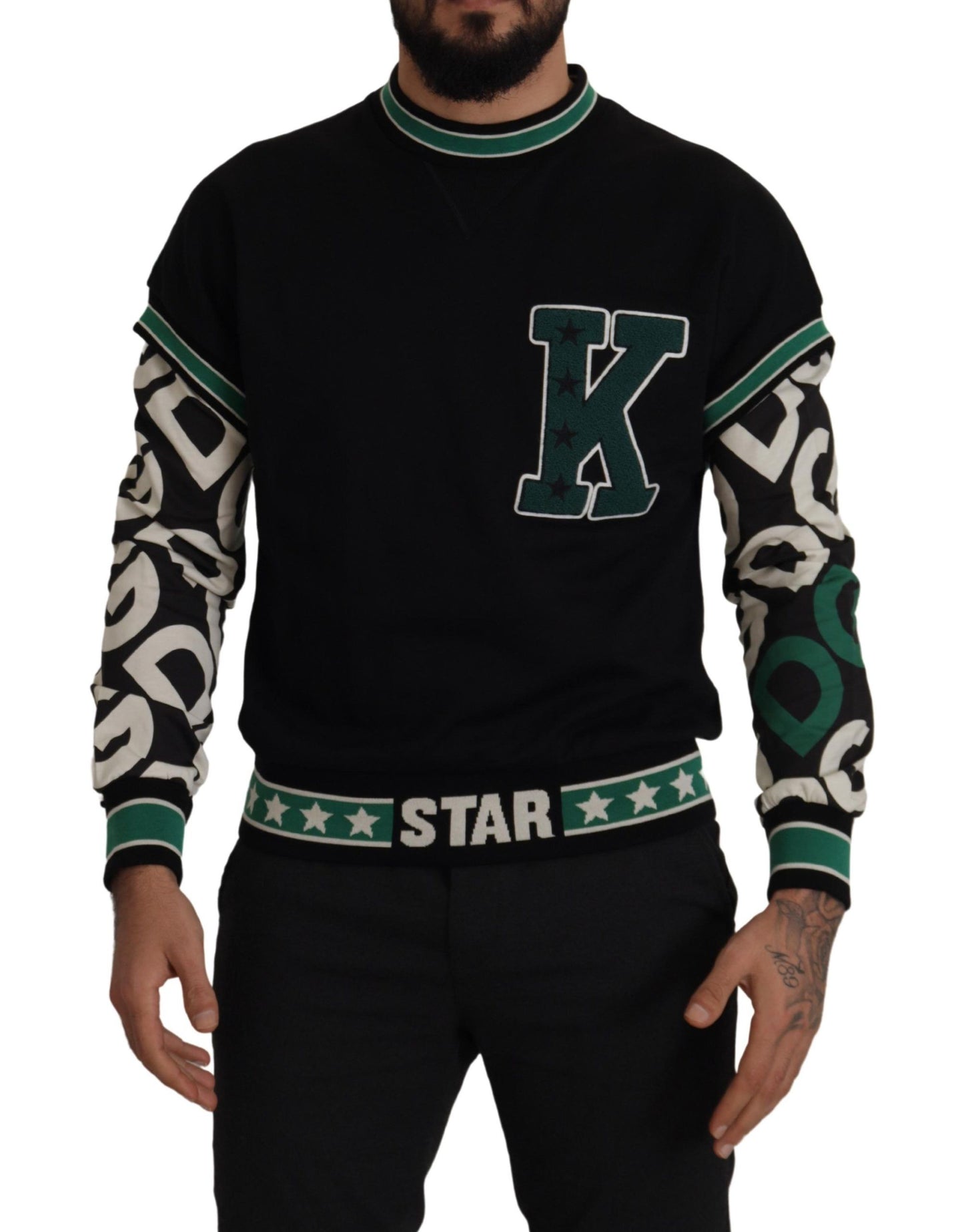 Dolce &amp; Gabbana Black Green Cotton KING Star Crewneck Pullover Sweater
