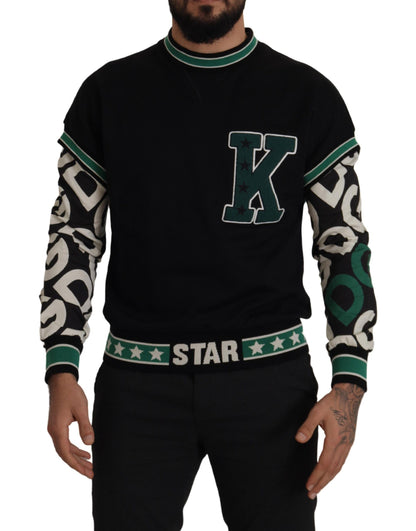 Dolce &amp; Gabbana Black Green Cotton KING Star Crewneck Pullover Sweater
