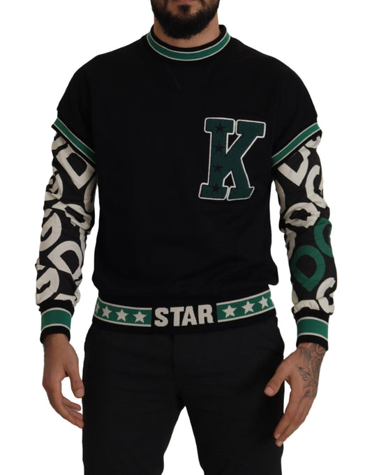 Dolce &amp; Gabbana Schwarz-Grüner Pullover mit Rundhalsausschnitt aus Baumwolle mit KING-Stern