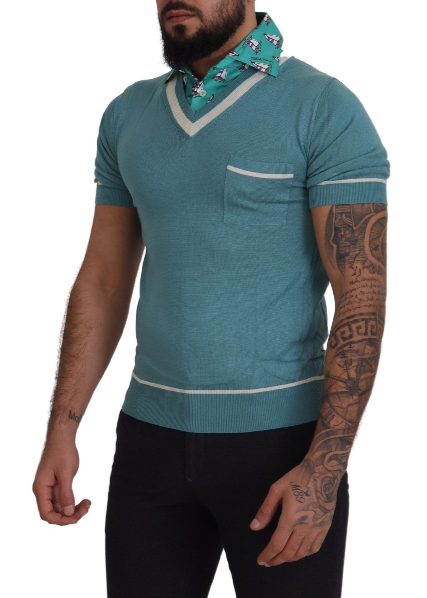 Dolce &amp; Gabbana Blaues Poloshirt aus Seide für Herren mit V-Ausschnitt