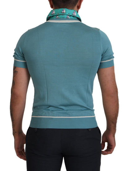 Dolce &amp; Gabbana Blaues Poloshirt aus Seide für Herren mit V-Ausschnitt