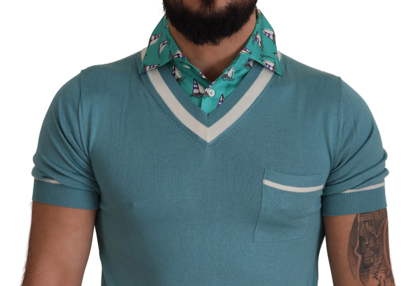 Dolce &amp; Gabbana Blaues Poloshirt aus Seide für Herren mit V-Ausschnitt