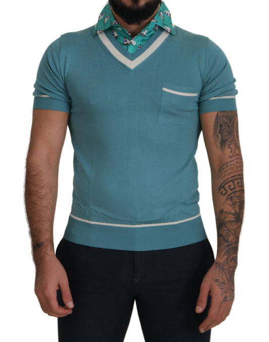 Dolce &amp; Gabbana Blaues Poloshirt aus Seide für Herren mit V-Ausschnitt