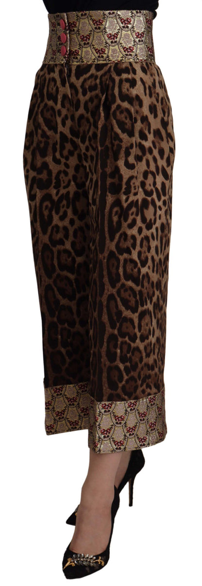 Dolce &amp; Gabbana – Braune, goldfarbene Jacquard-Hose mit hoher Taille und Leopardenmuster