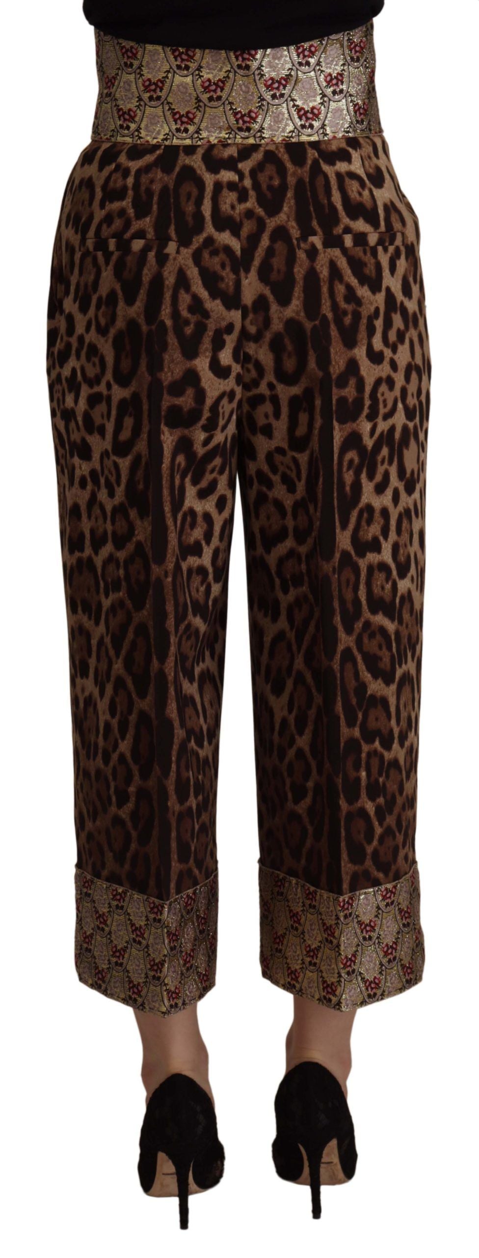 Dolce &amp; Gabbana – Braune, goldfarbene Jacquard-Hose mit hoher Taille und Leopardenmuster