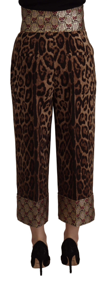 Dolce &amp; Gabbana – Braune, goldfarbene Jacquard-Hose mit hoher Taille und Leopardenmuster