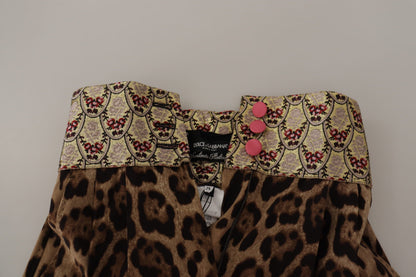 Dolce &amp; Gabbana – Braune, goldfarbene Jacquard-Hose mit hoher Taille und Leopardenmuster