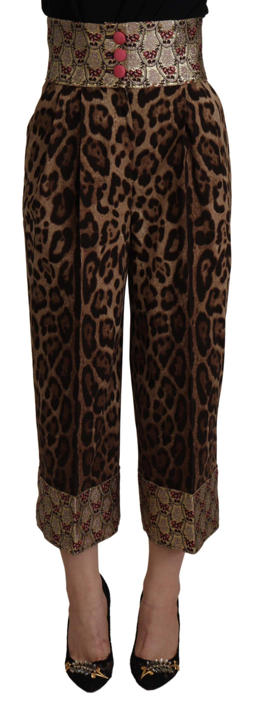 Dolce &amp; Gabbana – Braune, goldfarbene Jacquard-Hose mit hoher Taille und Leopardenmuster