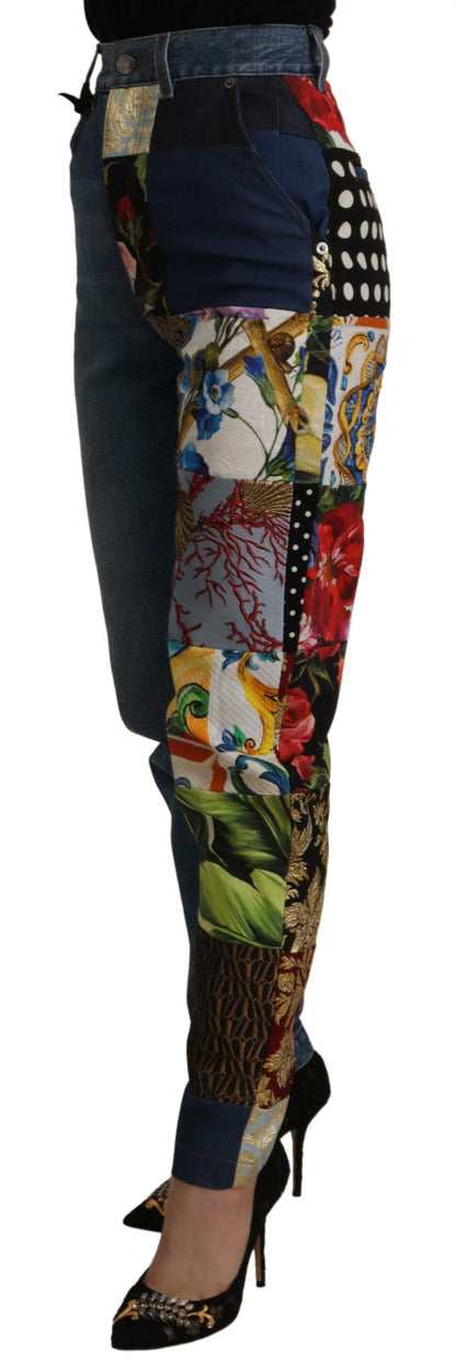 Dolce &amp; Gabbana Blue Jeans Jacquard Majolica High Waist Hose