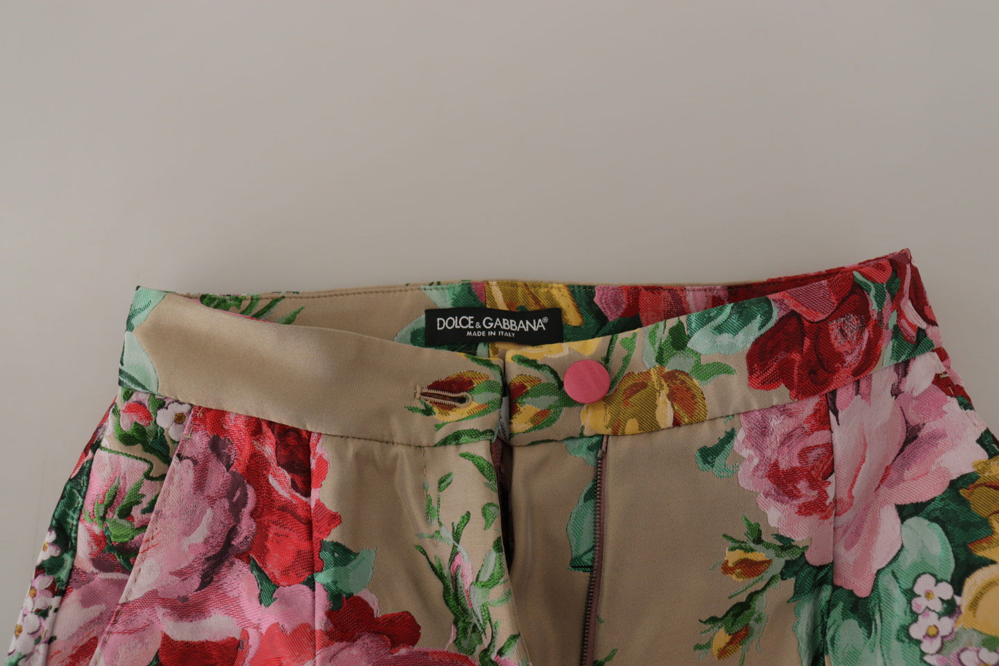 Dolce &amp; Gabbana – Beigefarbenes Kleid mit Blumenmuster und formeller Hose mit hoher Taille