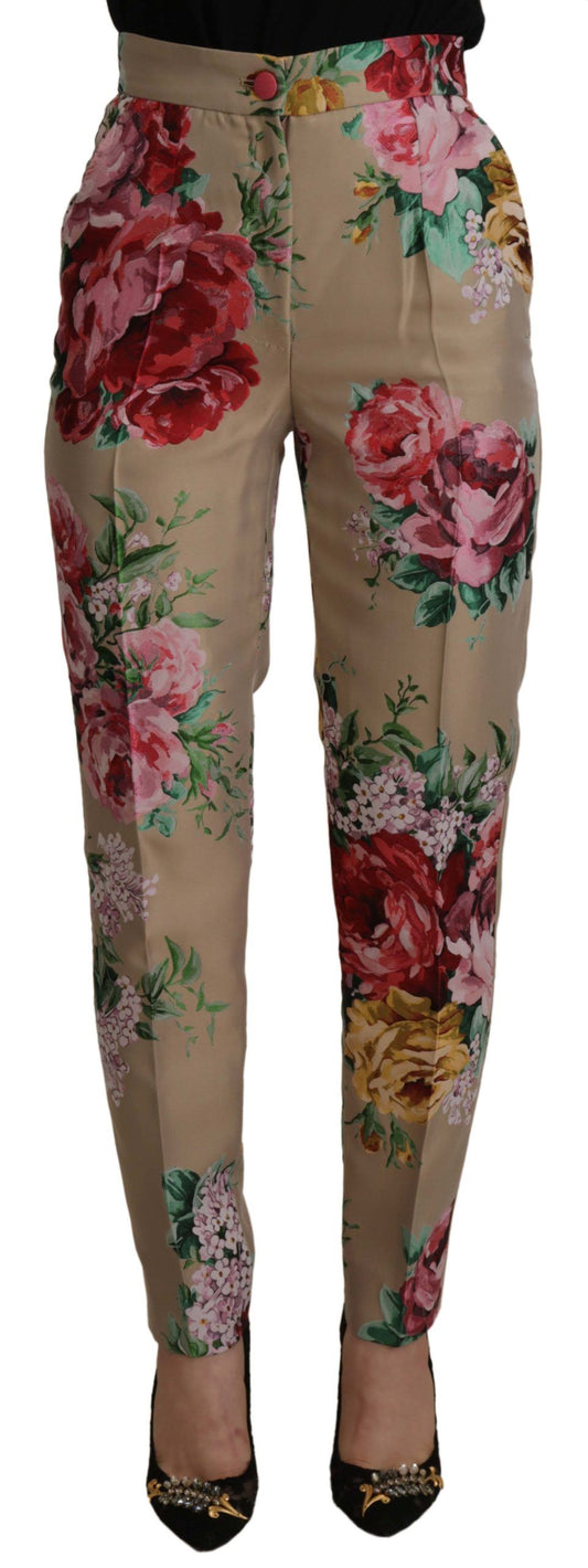 Dolce &amp; Gabbana – Beigefarbenes Kleid mit Blumenmuster und formeller Hose mit hoher Taille