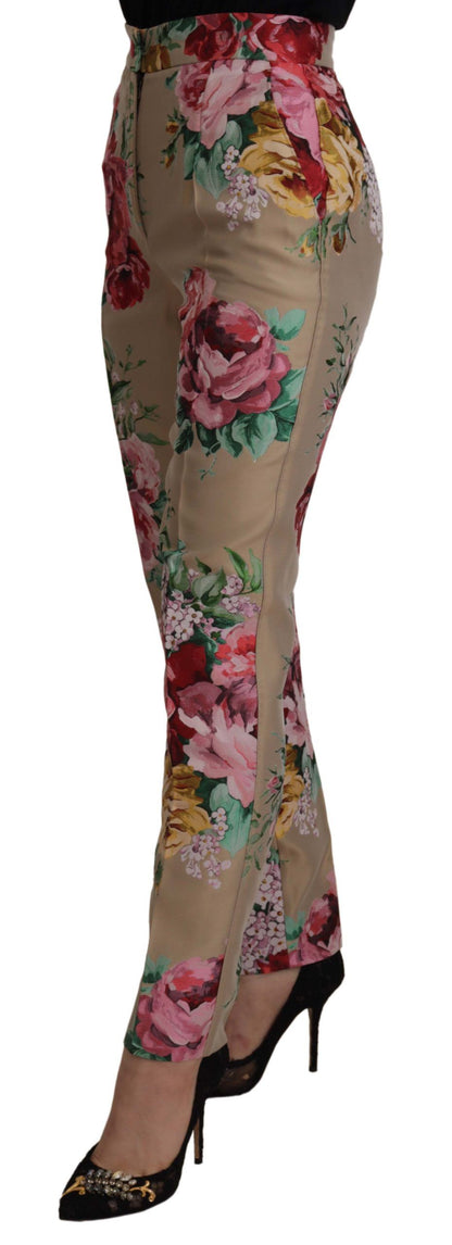 Dolce &amp; Gabbana – Beigefarbenes Kleid mit Blumenmuster und formeller Hose mit hoher Taille