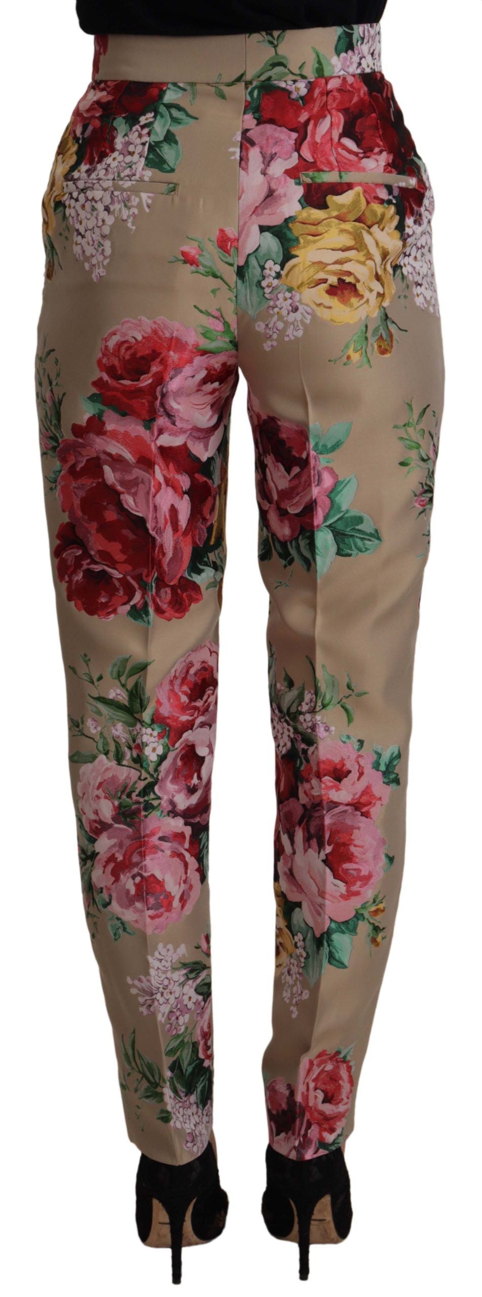 Dolce &amp; Gabbana – Beigefarbenes Kleid mit Blumenmuster und formeller Hose mit hoher Taille