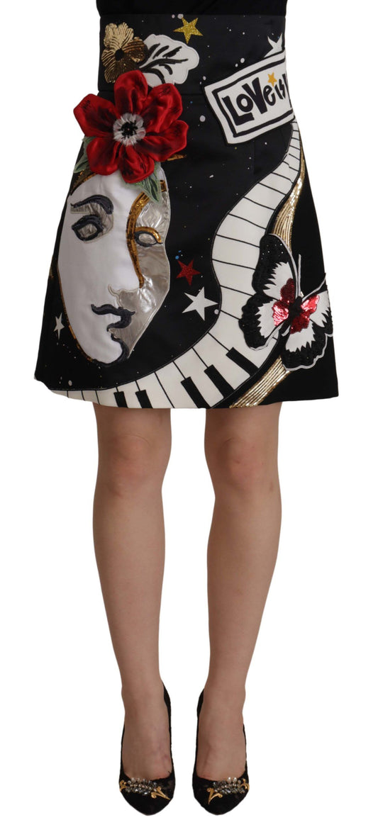 Dolce &amp; Gabbana Schwarzer Pianorock mit Pailletten „Love Clock“