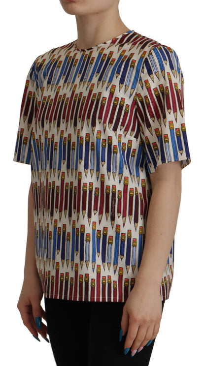 Dolce &amp; Gabbana – Weiße T-Shirt-Bluse aus Baumwolle mit Bleistiftdruck