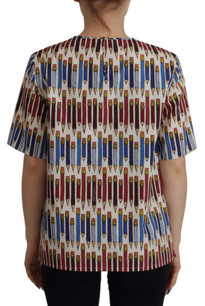 Dolce &amp; Gabbana – Weiße T-Shirt-Bluse aus Baumwolle mit Bleistiftdruck
