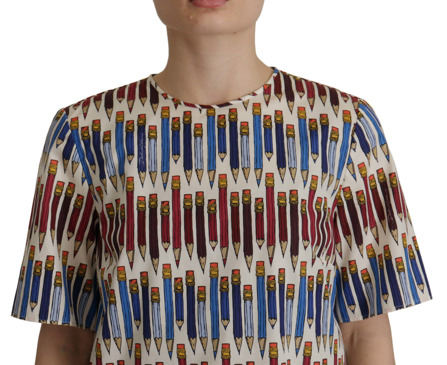 Dolce &amp; Gabbana – Weiße T-Shirt-Bluse aus Baumwolle mit Bleistiftdruck