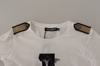 Dolce &amp; Gabbana – T-Shirt aus Baumwolle mit Rundhalsausschnitt und weißen und schwarzen Rosen