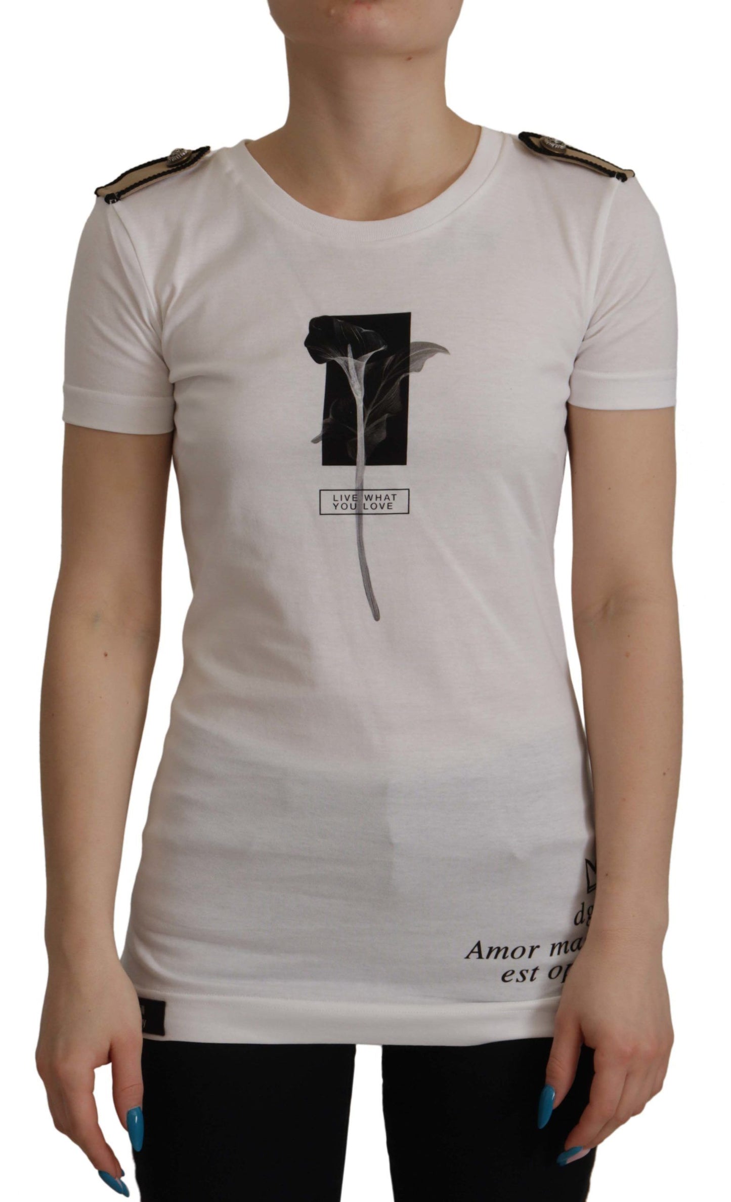 Dolce &amp; Gabbana – T-Shirt aus Baumwolle mit Rundhalsausschnitt und weißen und schwarzen Rosen