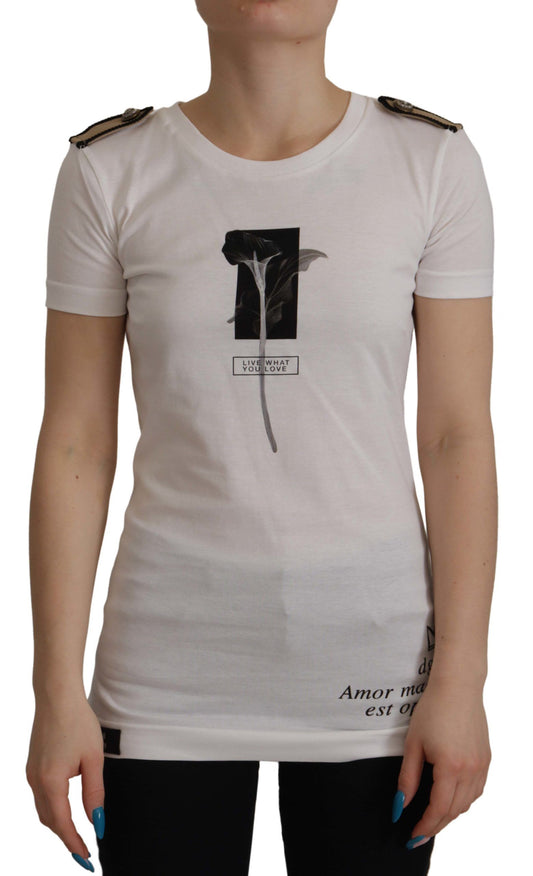 Dolce &amp; Gabbana – T-Shirt aus Baumwolle mit Rundhalsausschnitt und weißen und schwarzen Rosen