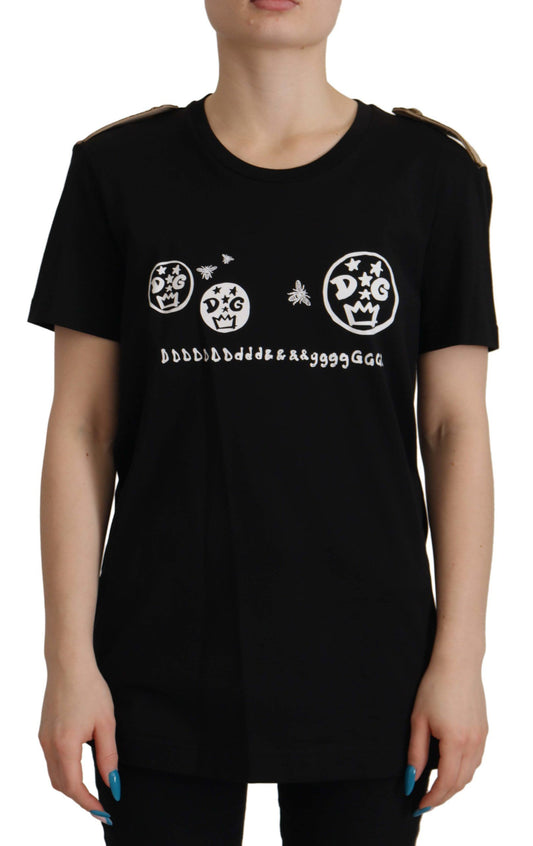 Dolce &amp; Gabbana Schwarzes Baumwoll-T-Shirt mit Rundhalsausschnitt und Logo-Motiv