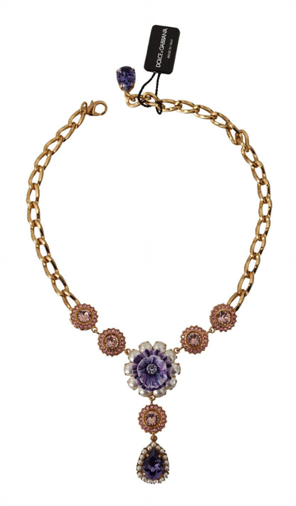 Dolce &amp; Gabbana Halskette mit Anhängern aus goldenem Messing mit Kristallen, lila und rosa Perlen