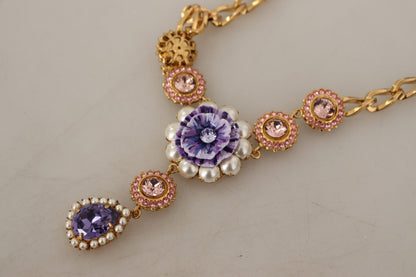 Dolce &amp; Gabbana Halskette mit Anhängern aus goldenem Messing mit Kristallen, lila und rosa Perlen