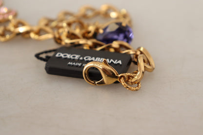 Dolce &amp; Gabbana Halskette mit Anhängern aus goldenem Messing mit Kristallen, lila und rosa Perlen