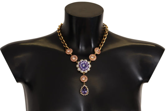 Dolce &amp; Gabbana Halskette mit Anhängern aus goldenem Messing mit Kristallen, lila und rosa Perlen