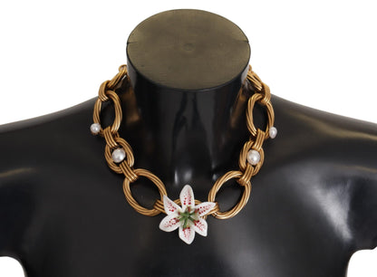 Dolce &amp; Gabbana Gold White Lily Floral Chain Statement Necklace