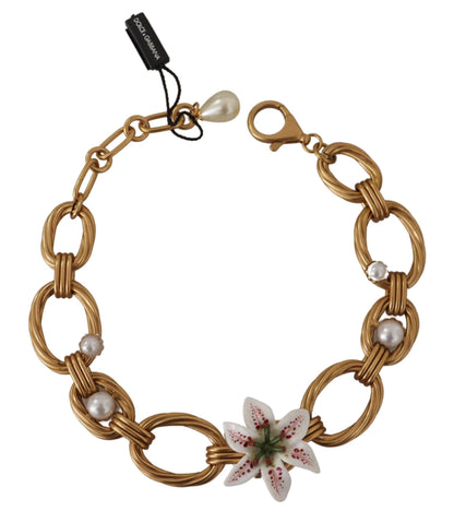 Dolce &amp; Gabbana Gold White Lily Floral Chain Statement Necklace