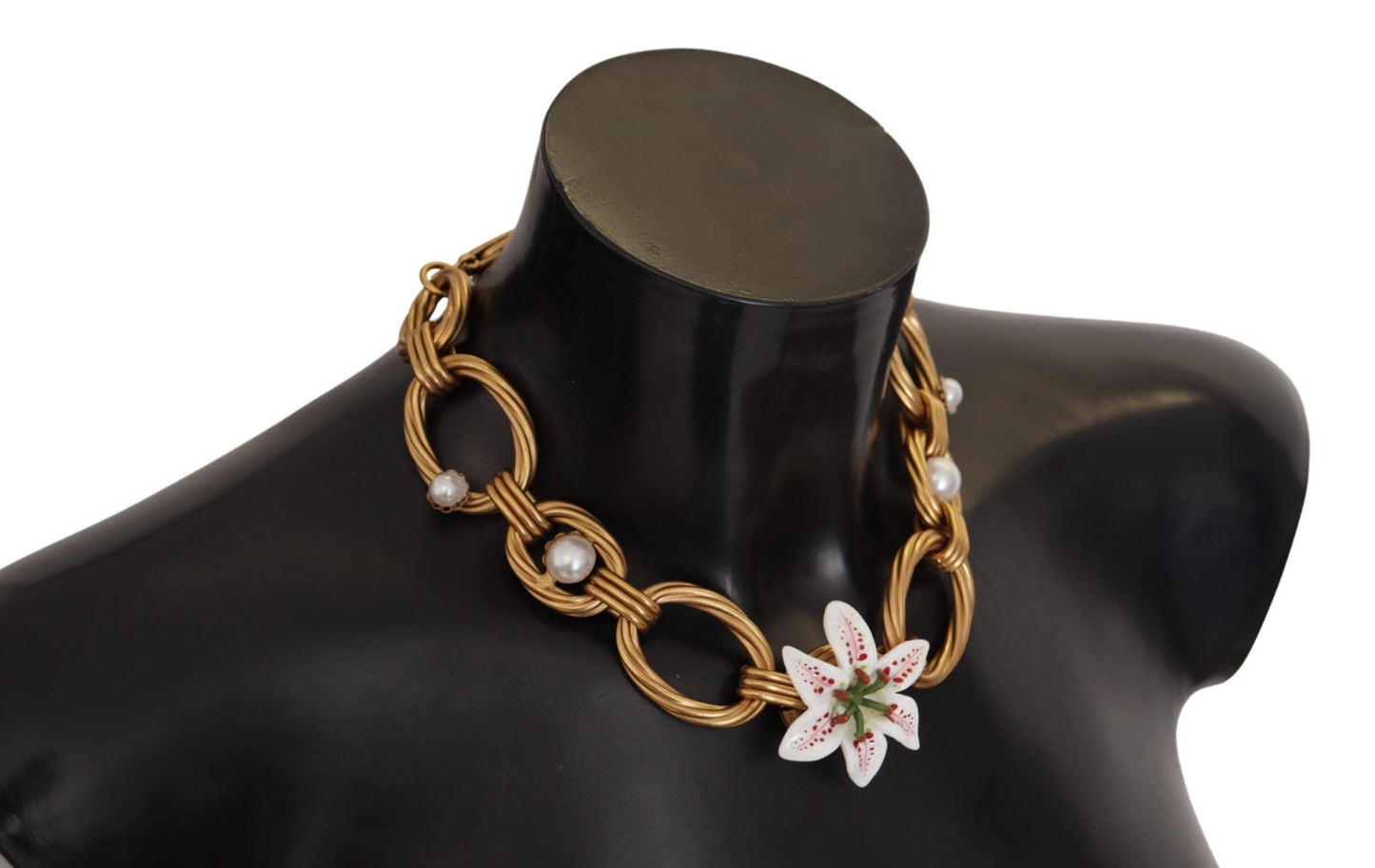 Dolce &amp; Gabbana Gold White Lily Floral Chain Statement Necklace