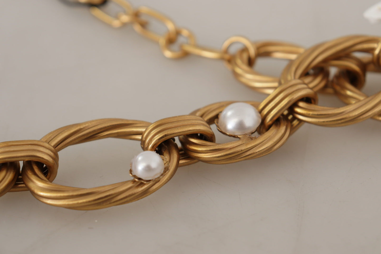Dolce &amp; Gabbana Gold White Lily Floral Chain Statement Necklace