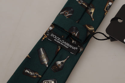 Dolce &amp; Gabbana Schwarze Seidenkrawatte mit Fantasy-Print und verstellbarem Flaschenmotiv