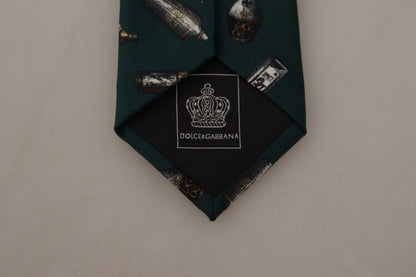 Dolce &amp; Gabbana Schwarze Seidenkrawatte mit Fantasy-Print und verstellbarem Flaschenmotiv