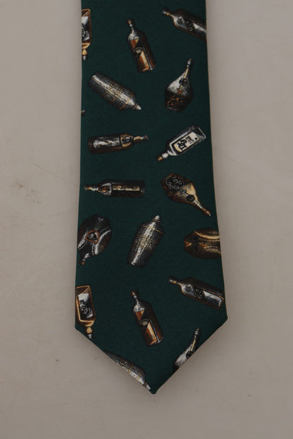 Dolce &amp; Gabbana Schwarze Seidenkrawatte mit Fantasy-Print und verstellbarem Flaschenmotiv
