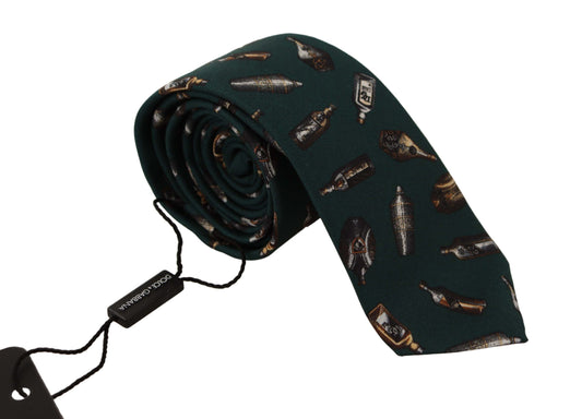 Dolce &amp; Gabbana Schwarze Seidenkrawatte mit Fantasy-Print und verstellbarem Flaschenmotiv