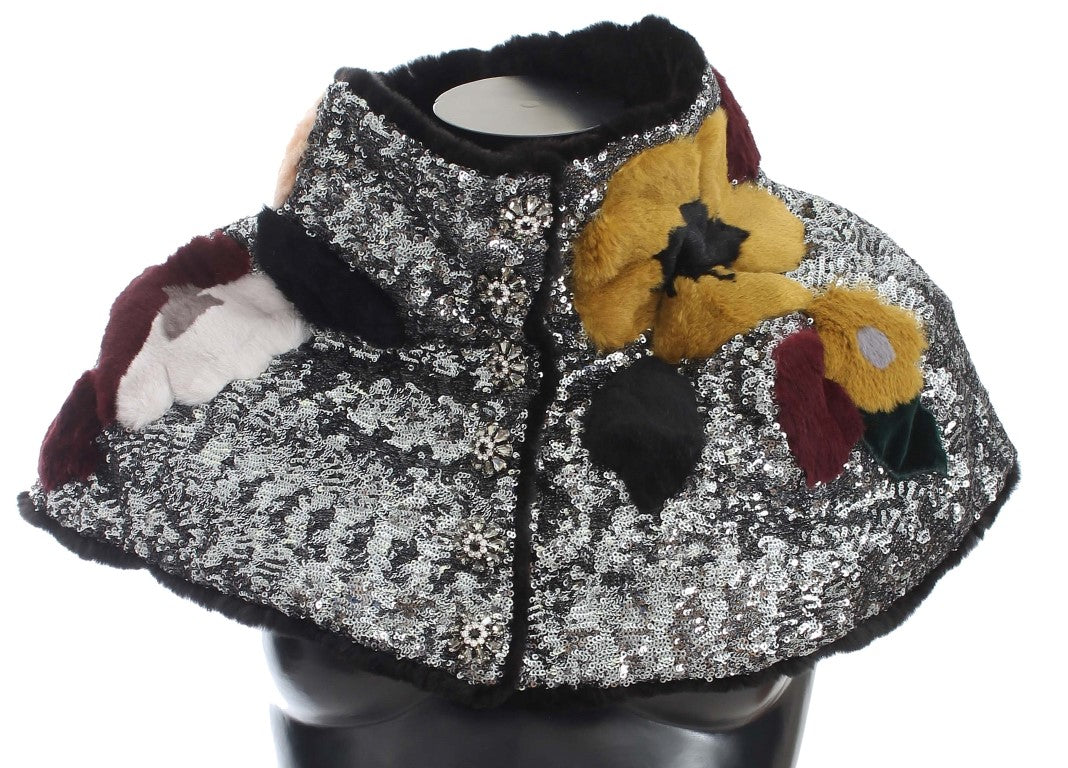 Dolce &amp; Gabbana – Schulterschal mit Blumenmuster und Wieselfell in Silber