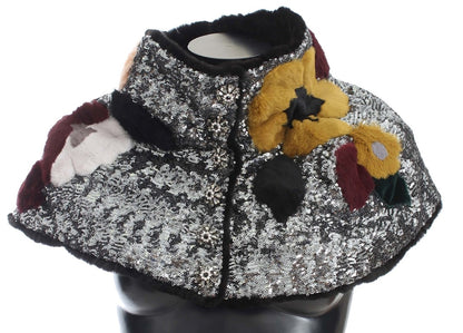 Dolce &amp; Gabbana – Schulterschal mit Blumenmuster und Wieselfell in Silber