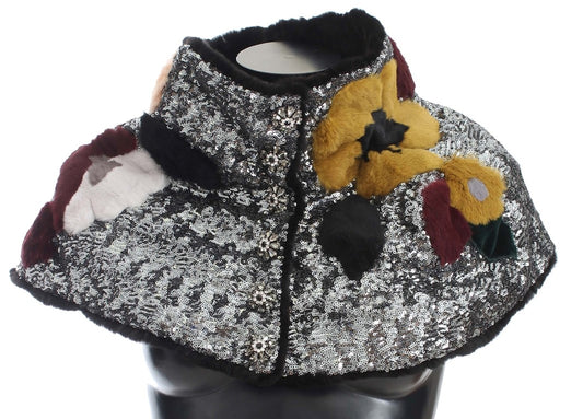 Dolce &amp; Gabbana – Schulterschal mit Blumenmuster und Wieselfell in Silber
