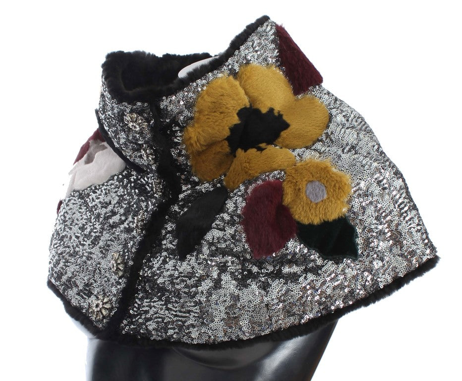 Dolce &amp; Gabbana – Schulterschal mit Blumenmuster und Wieselfell in Silber