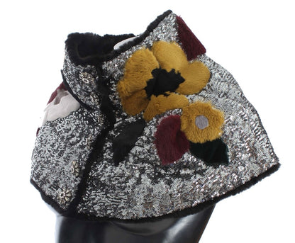 Dolce &amp; Gabbana – Schulterschal mit Blumenmuster und Wieselfell in Silber