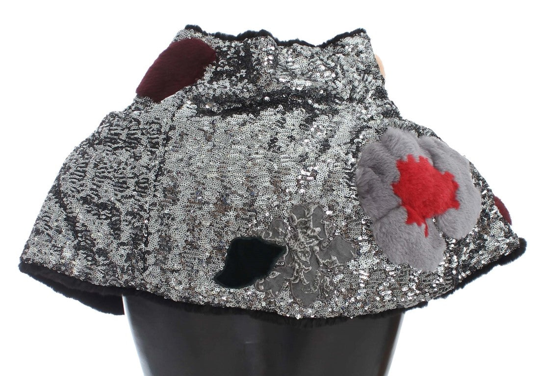 Dolce &amp; Gabbana – Schulterschal mit Blumenmuster und Wieselfell in Silber