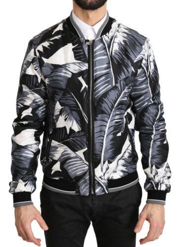 Dolce &amp; Gabbana – Bomberjacke aus schwarzer Seide mit Bananenblatt-Print