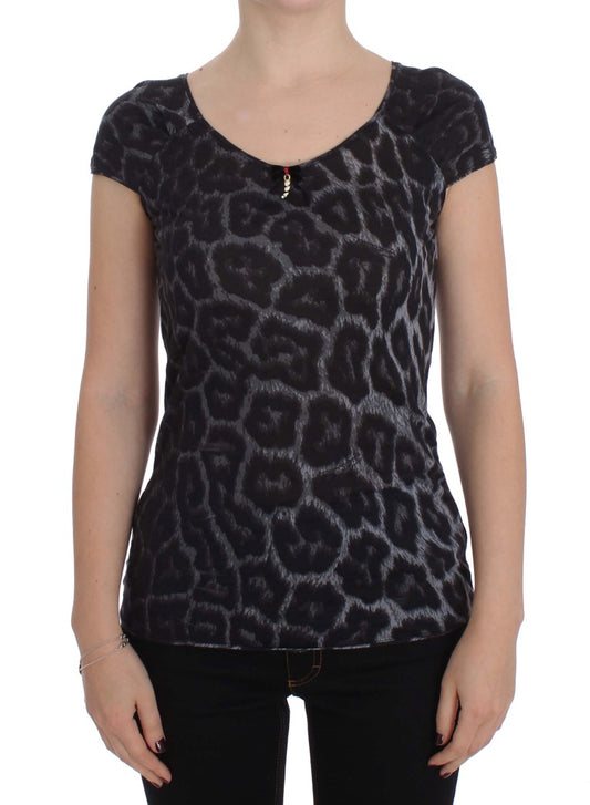 Cavalli – Graues T-Shirt mit Leopardenmuster und Bluse aus Modal