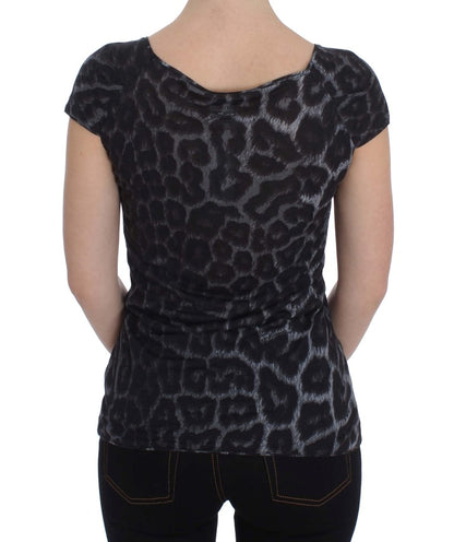 Cavalli – Graues T-Shirt mit Leopardenmuster und Bluse aus Modal