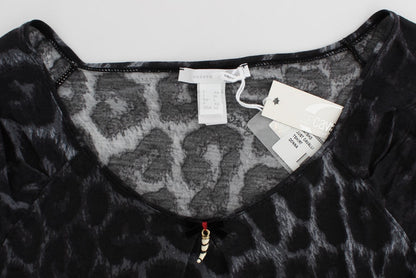 Cavalli – Graues T-Shirt mit Leopardenmuster und Bluse aus Modal